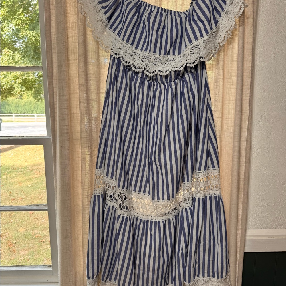 Blue and White Striped  Dress with Lace Trim